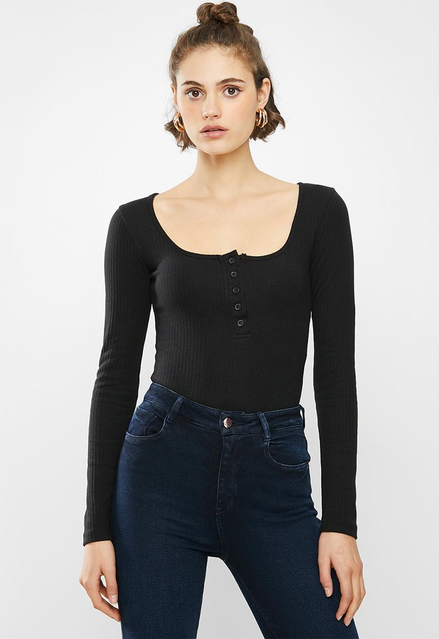 Missguided - Ribbed button front bodysuit - black