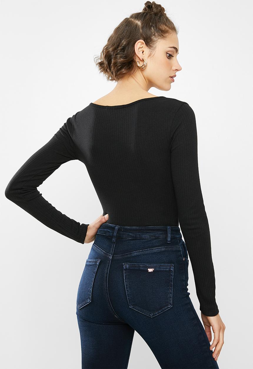 Missguided - Ribbed button front bodysuit - black