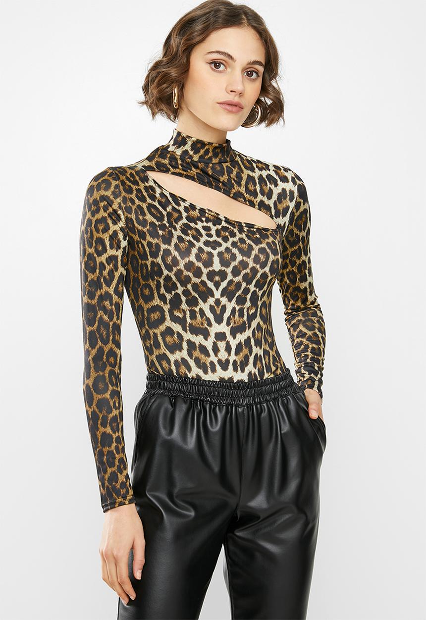 Missguided - Animal cut out high neck long sleeve bodysuit - brown