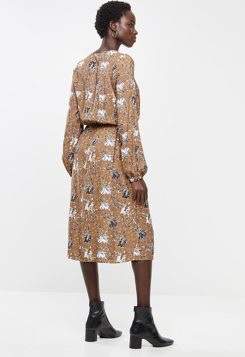 edit - Long sleeve neck tie peasant swing dress - multi