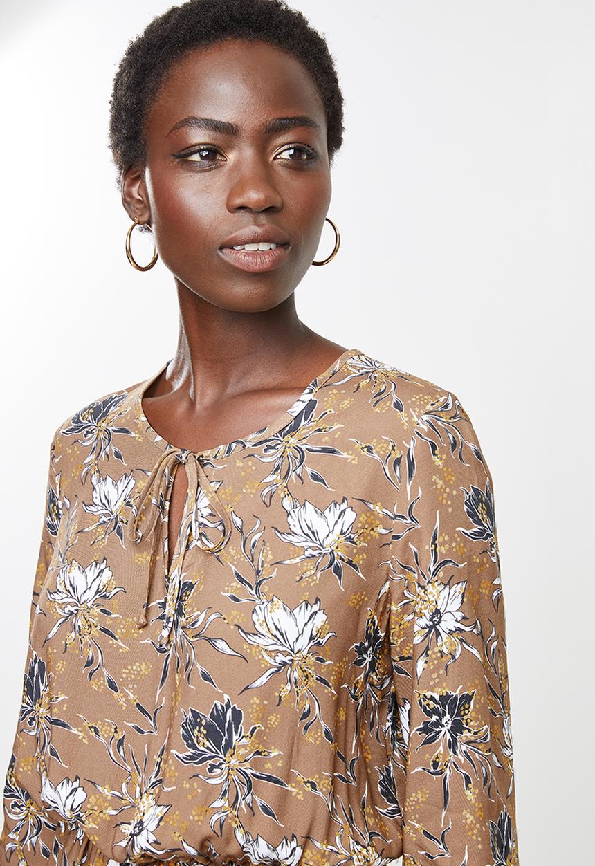 edit - Long sleeve neck tie peasant swing dress - multi