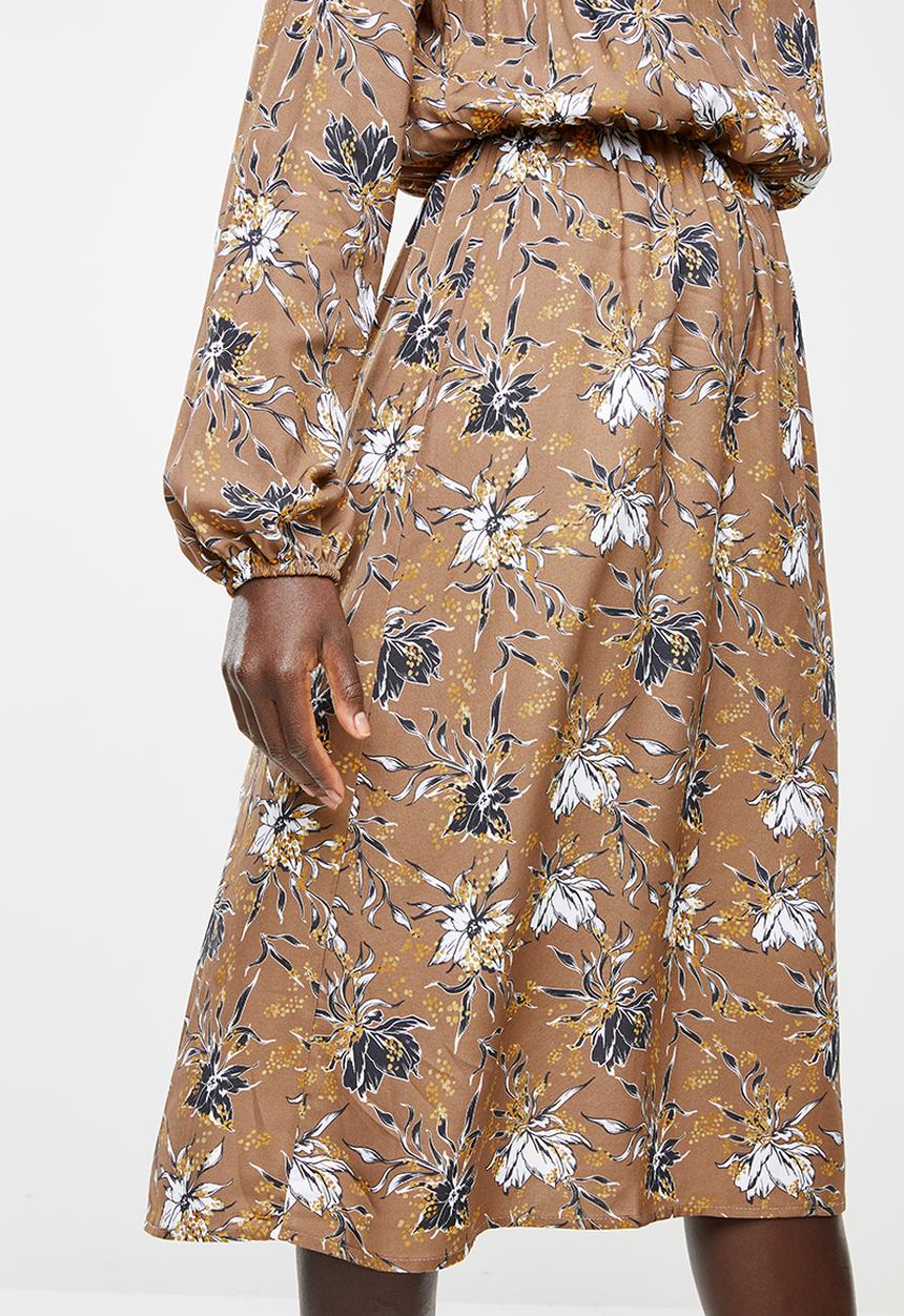 edit - Long sleeve neck tie peasant swing dress - multi