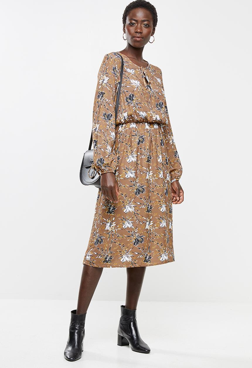 edit - Long sleeve neck tie peasant swing dress - multi