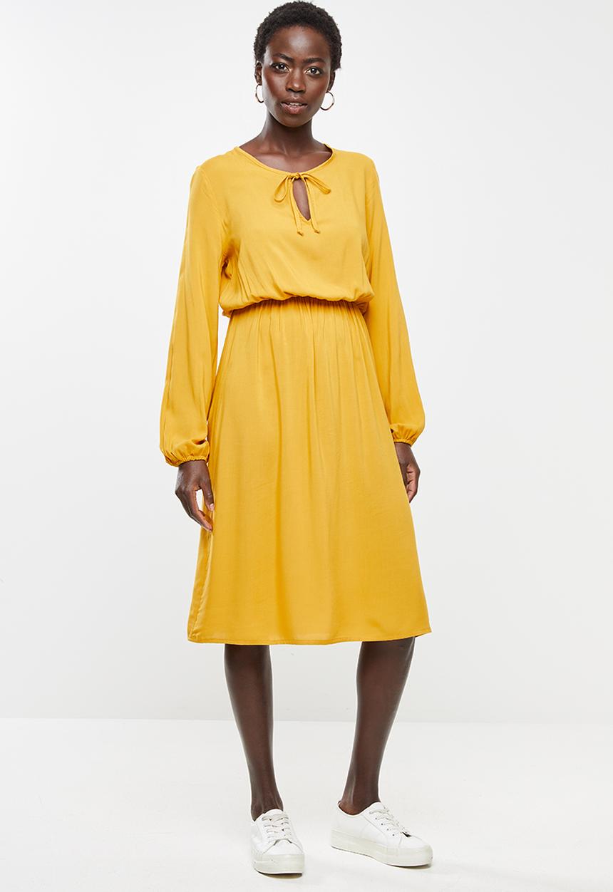 edit - Long sleeve neck tie peasant swing dress - yellow