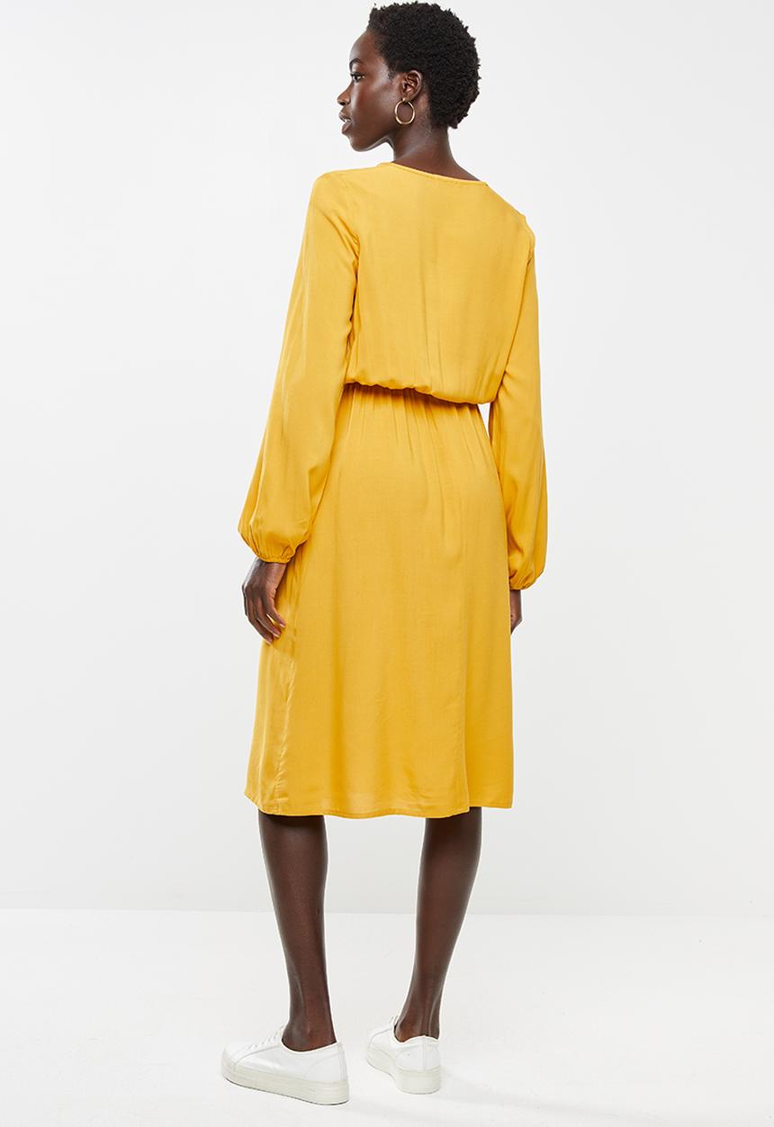 edit - Long sleeve neck tie peasant swing dress - yellow