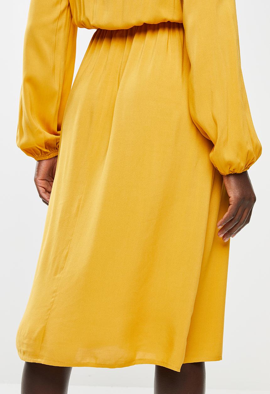 edit - Long sleeve neck tie peasant swing dress - yellow
