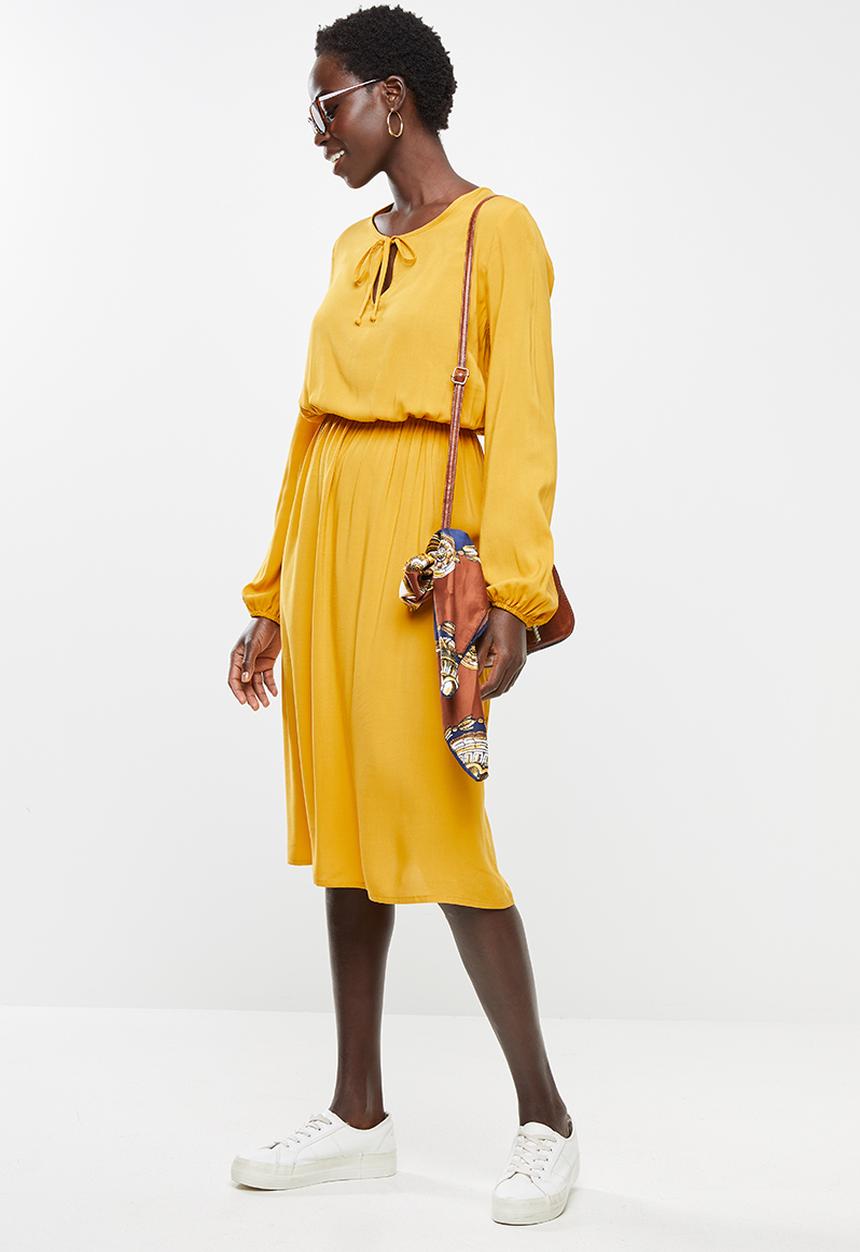 edit - Long sleeve neck tie peasant swing dress - yellow
