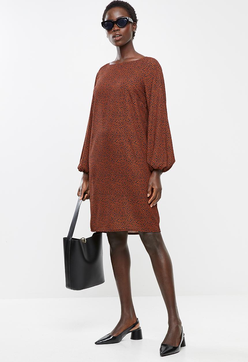 edit - Cuffed balloon sleeve shift dress - rust & black 