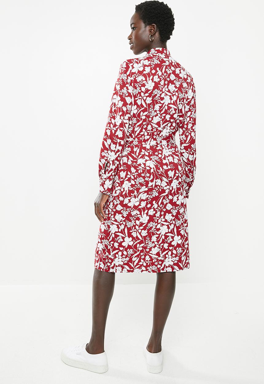 edit - Mandarin collar shirt dress - red & white 