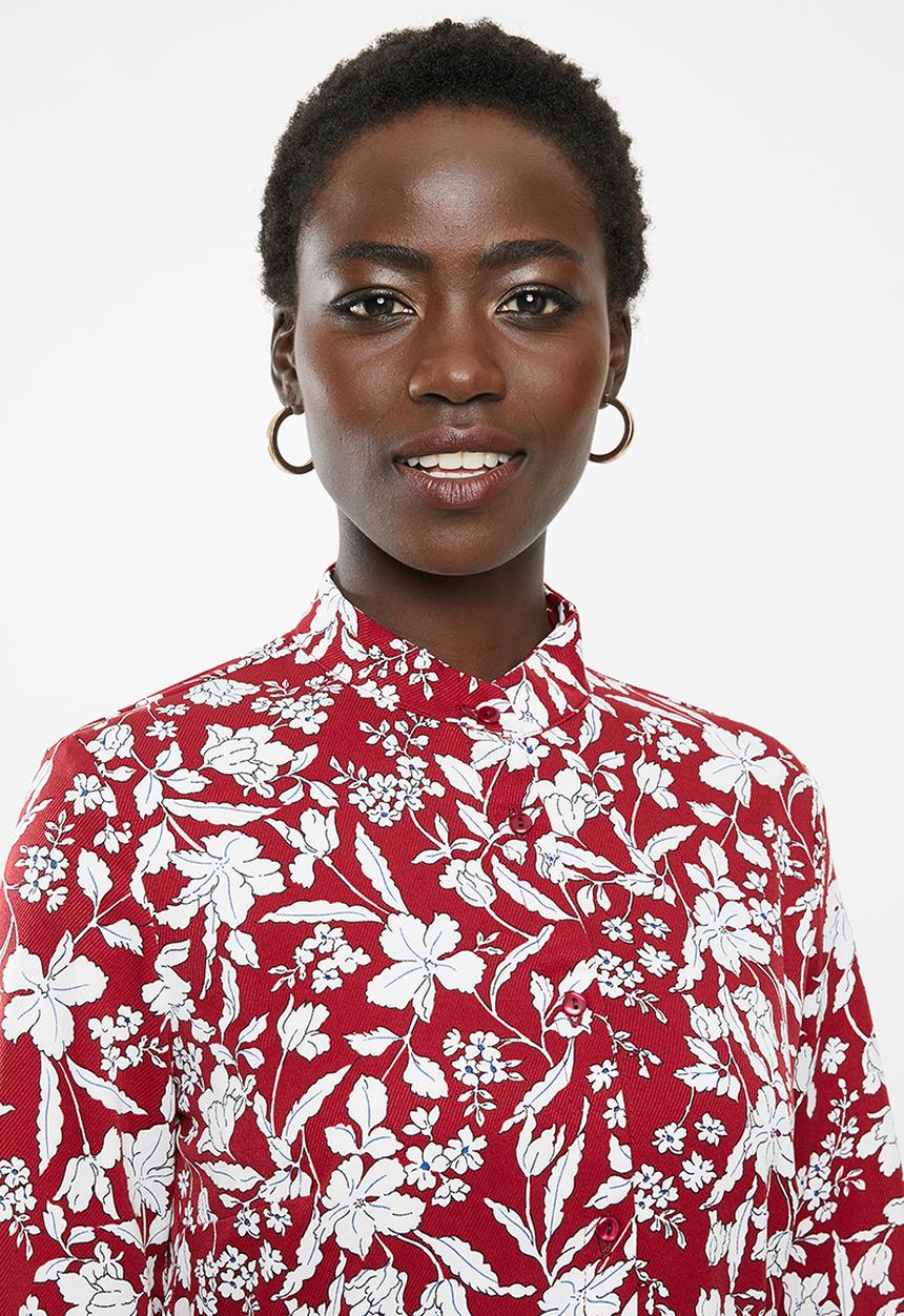 edit - Mandarin collar shirt dress - red & white 