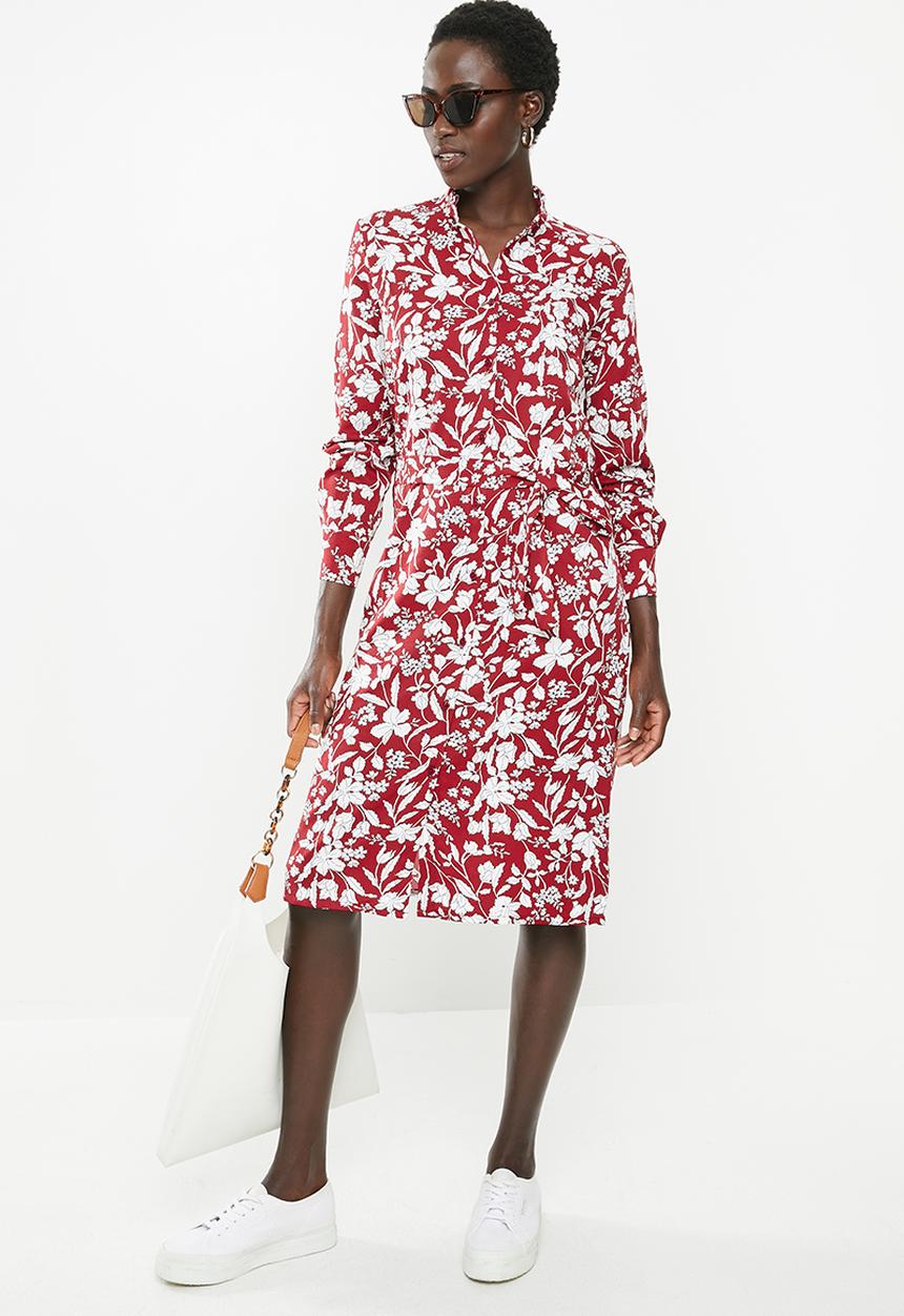 edit - Mandarin collar shirt dress - red & white 
