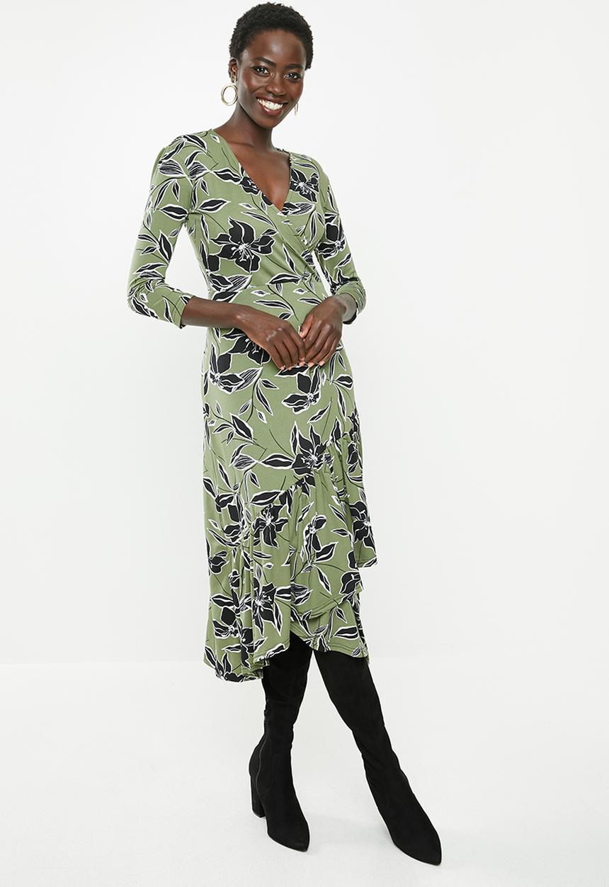 edit - Mock wrap tiered midi dress - multi 
