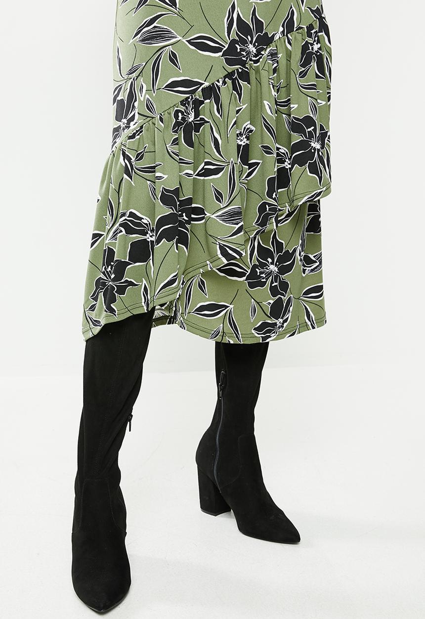 edit - Mock wrap tiered midi dress - multi 