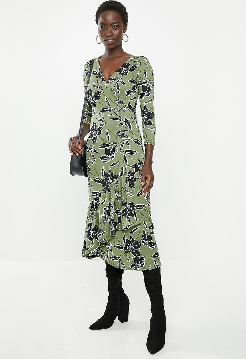 edit - Mock wrap tiered midi dress - multi 