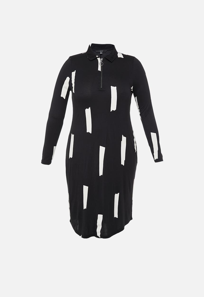 Vero Moda - Plus kiki long sleeve below knee dress - black & cream 