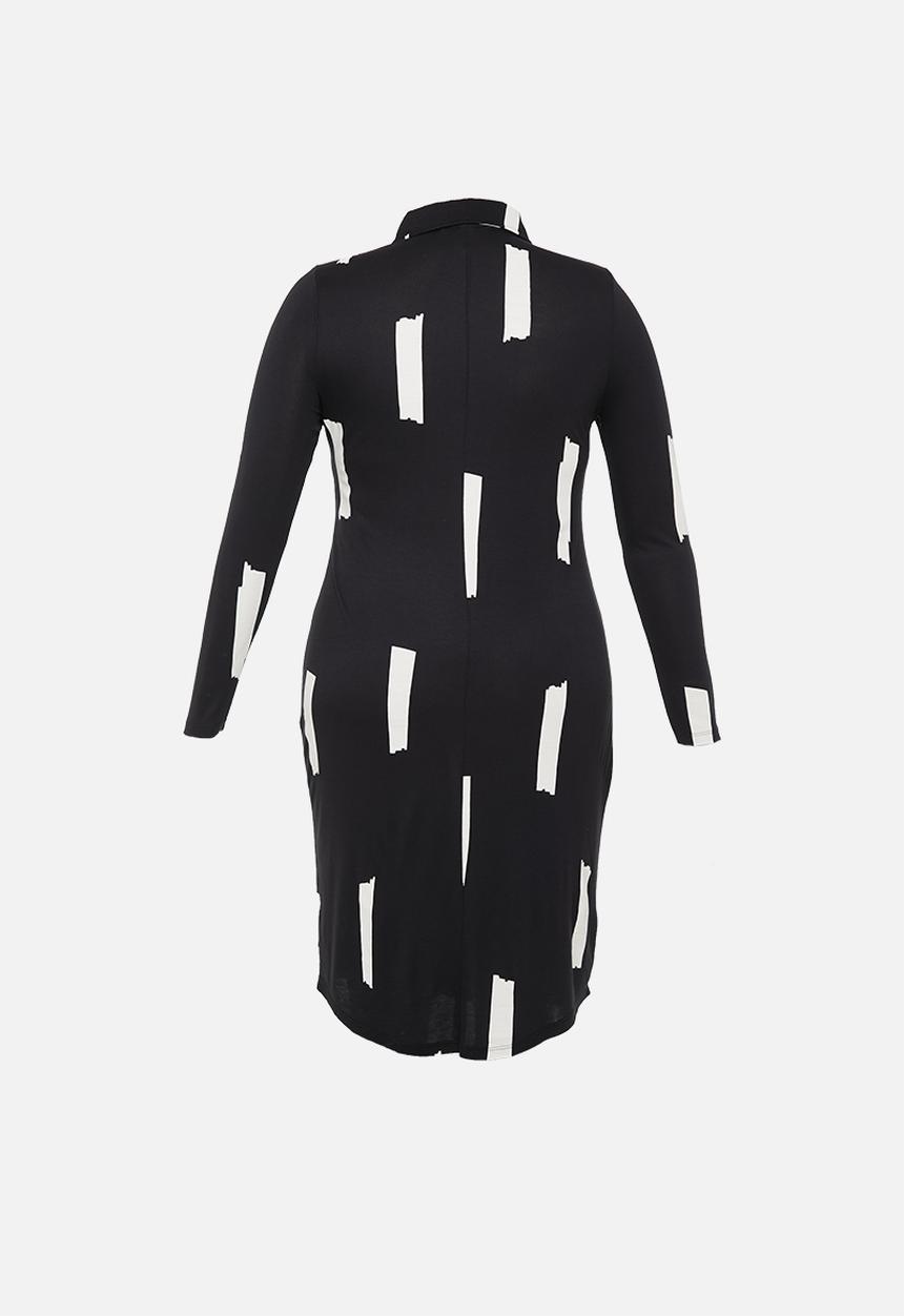 Vero Moda - Plus kiki long sleeve below knee dress - black & cream 