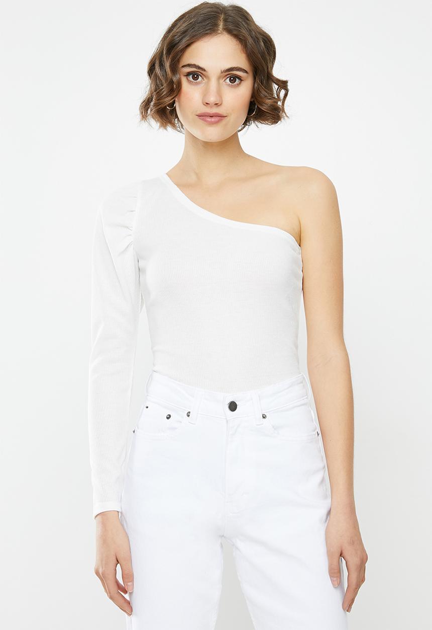 Missguided - Recycled rib puff sleeve one shoulder top - white