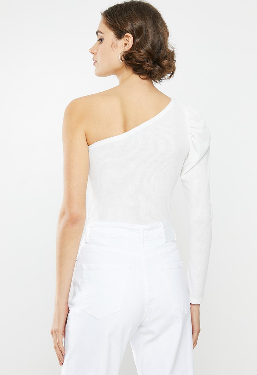 Missguided - Recycled rib puff sleeve one shoulder top - white