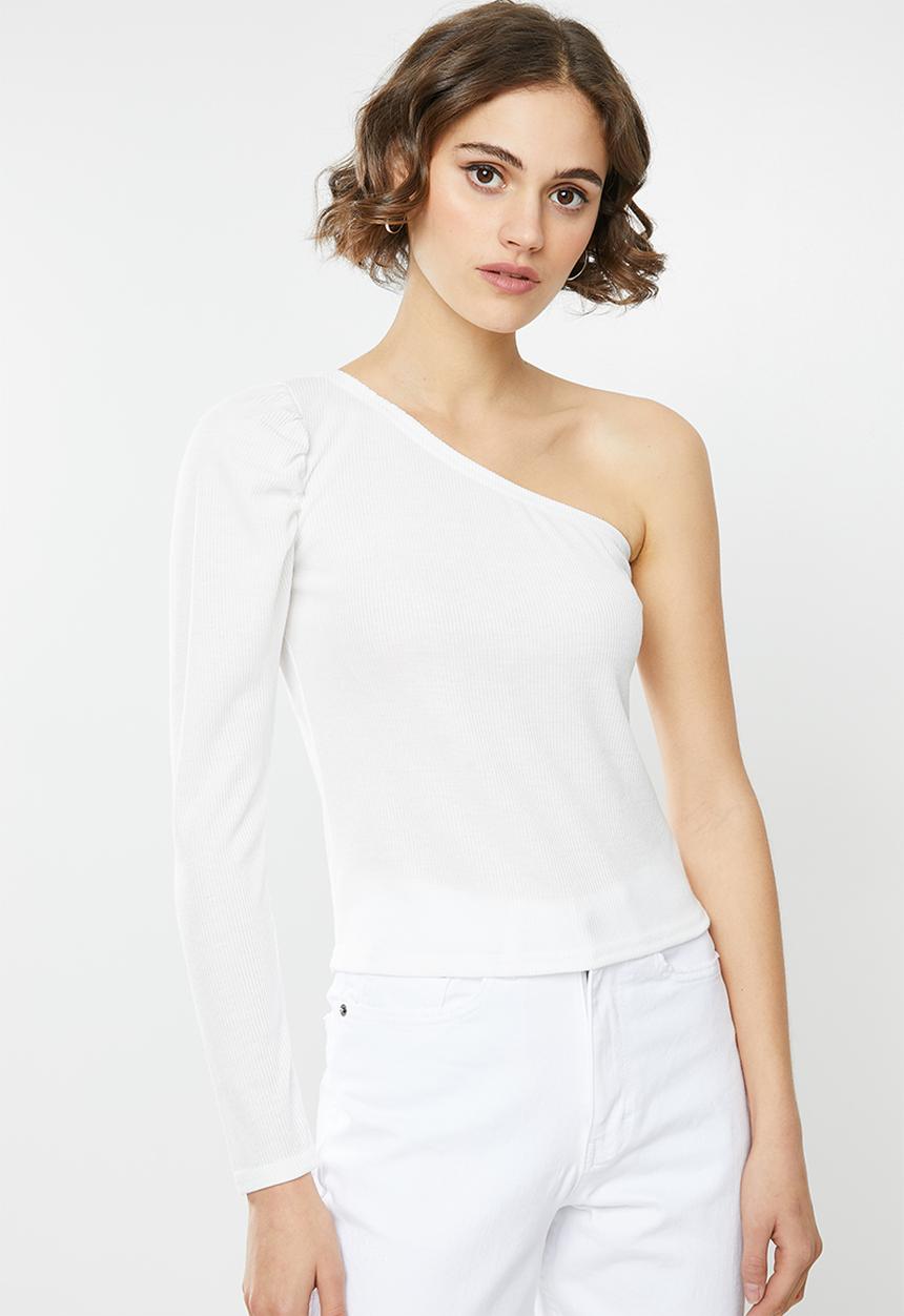Missguided - Recycled rib puff sleeve one shoulder top - white