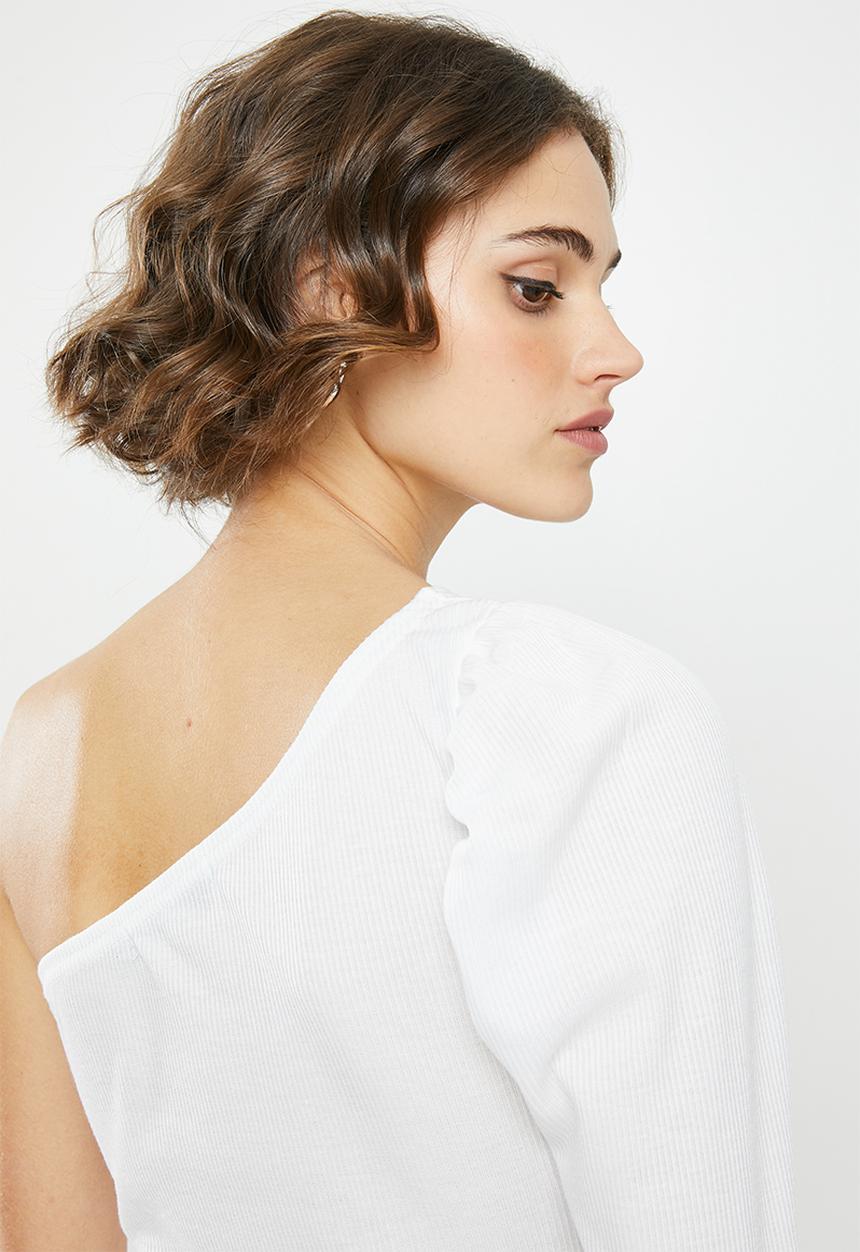 Missguided - Recycled rib puff sleeve one shoulder top - white