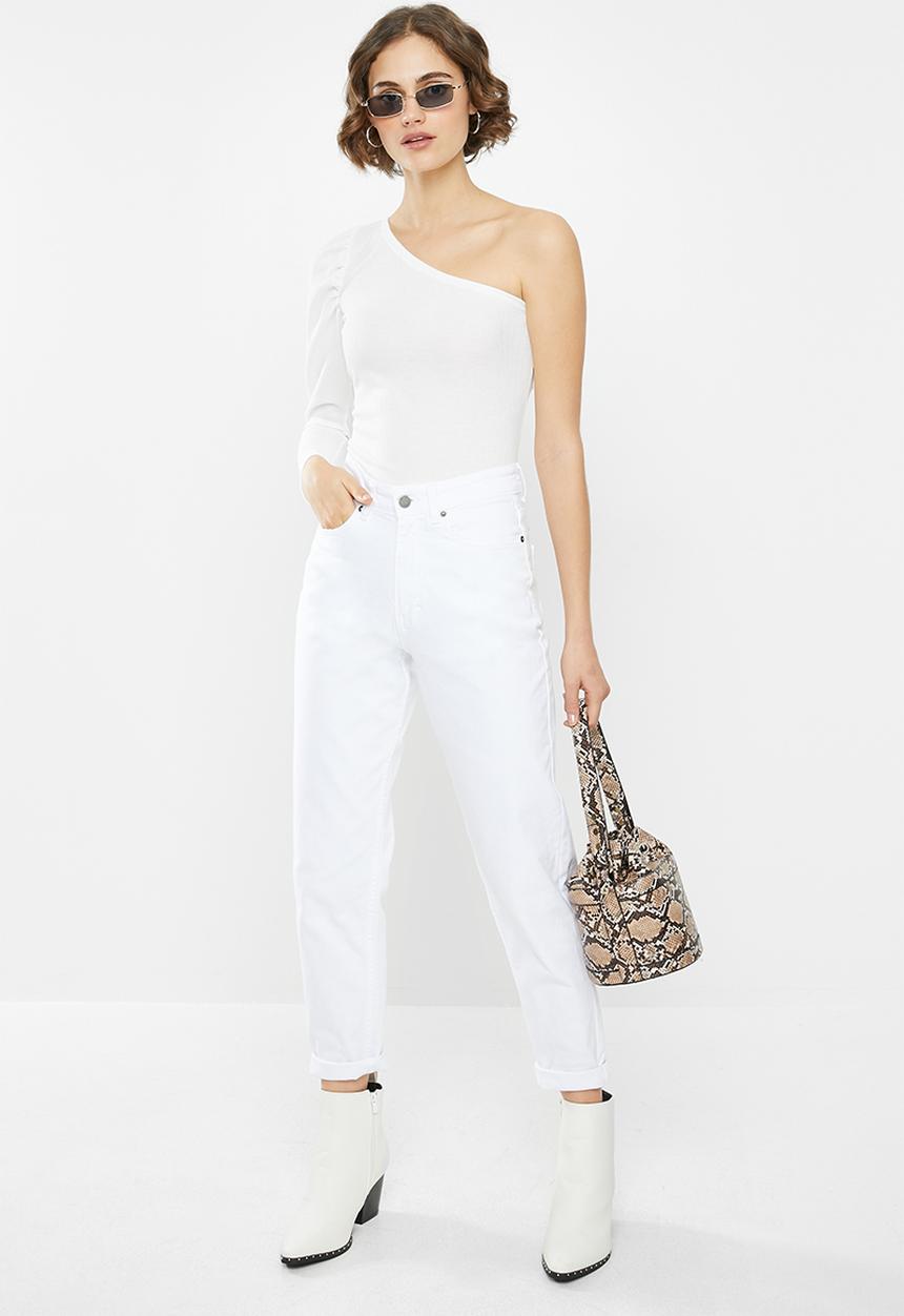 Missguided - Recycled rib puff sleeve one shoulder top - white