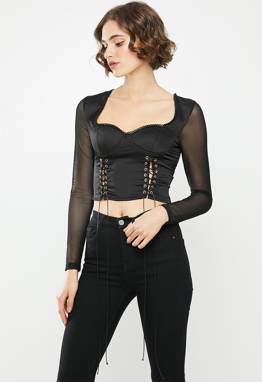 Missguided - Lace up long sleeve corset style top - black