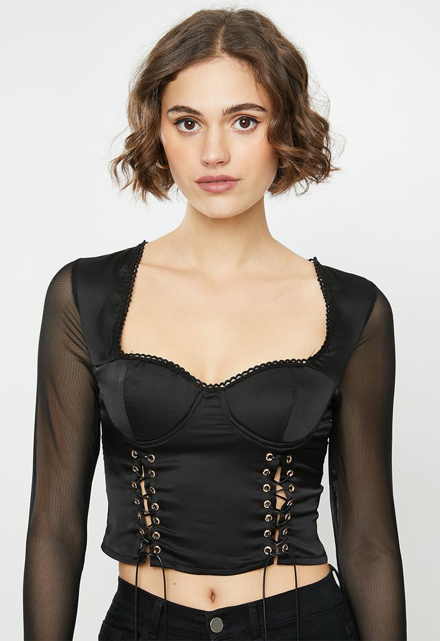 Missguided - Lace up long sleeve corset style top - black