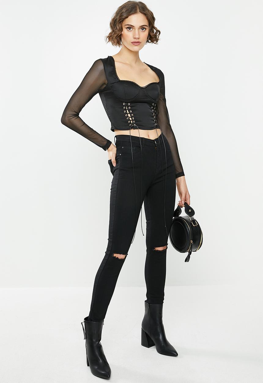 Missguided - Lace up long sleeve corset style top - black