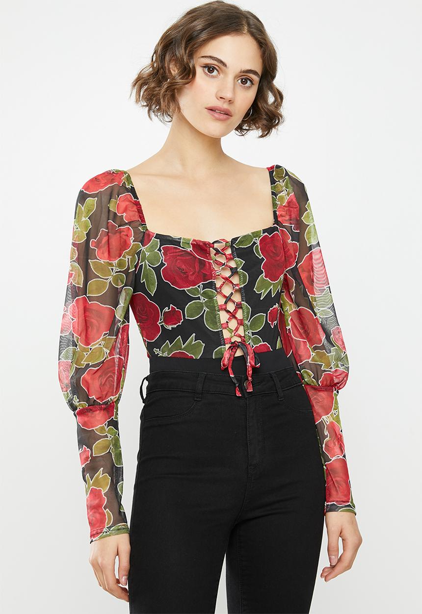 Missguided - Rose detail tie front milkmaid bodysuit - black & red