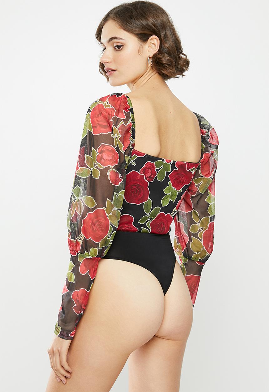 Missguided - Rose detail tie front milkmaid bodysuit - black & red