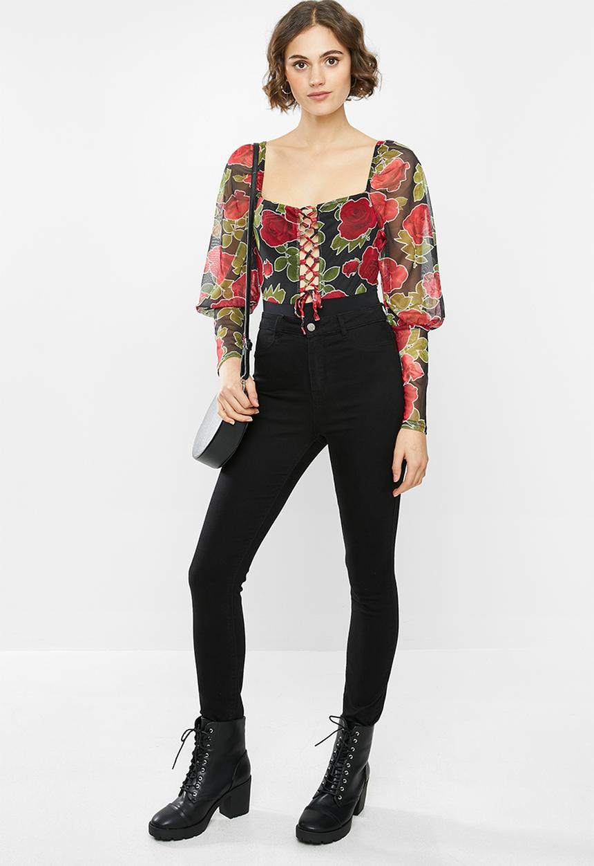 Missguided - Rose detail tie front milkmaid bodysuit - black & red