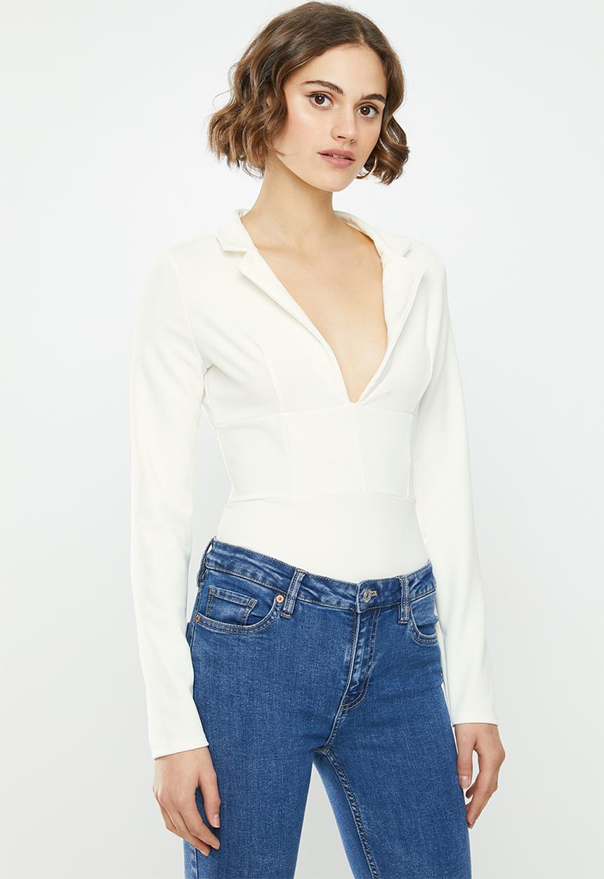 Missguided - Collar detail long sleeve bodysuit - white