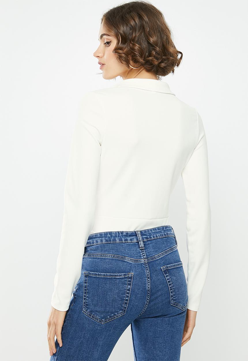 Missguided - Collar detail long sleeve bodysuit - white