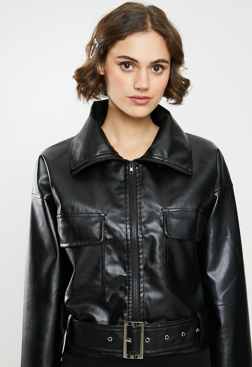 Missguided - Belted pu bomber jacket - black
