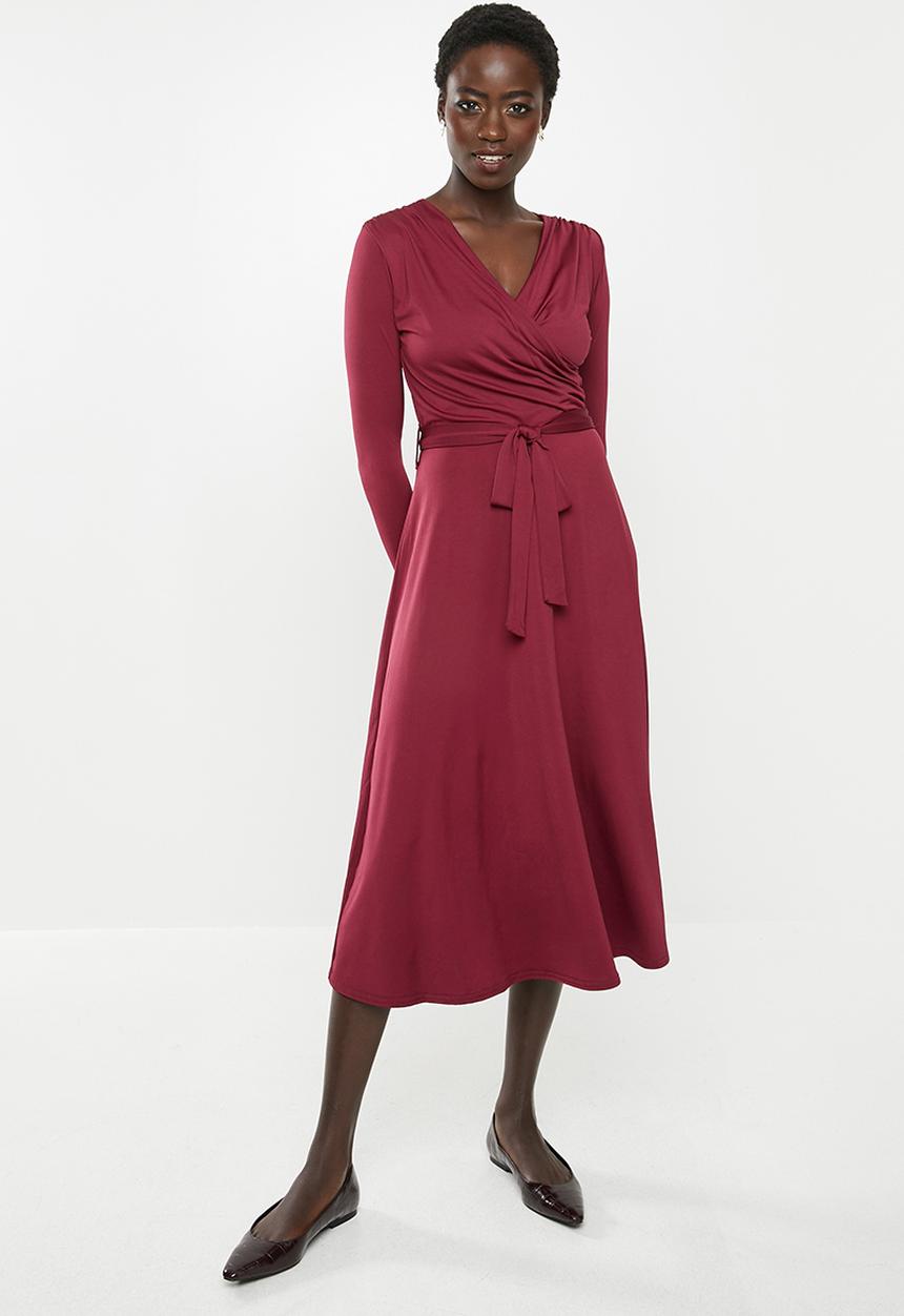 edit - Long sleeve bon bon wrap midi dress - burgundy