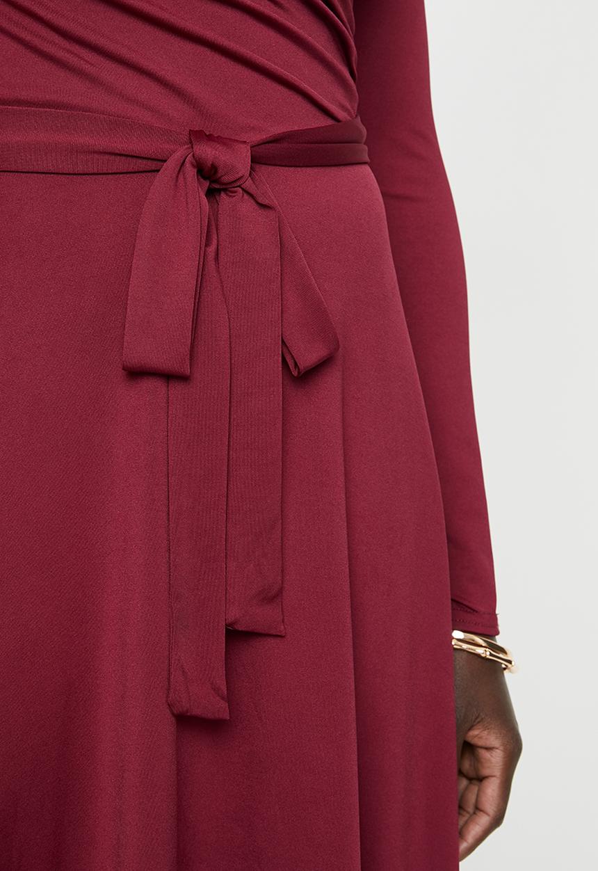 edit - Long sleeve bon bon wrap midi dress - burgundy