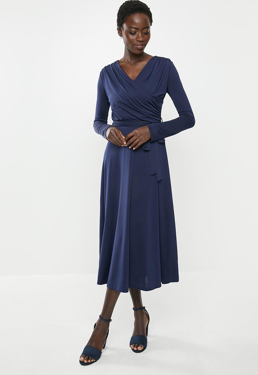edit - Long sleeve bon bon wrap midi dress - navy