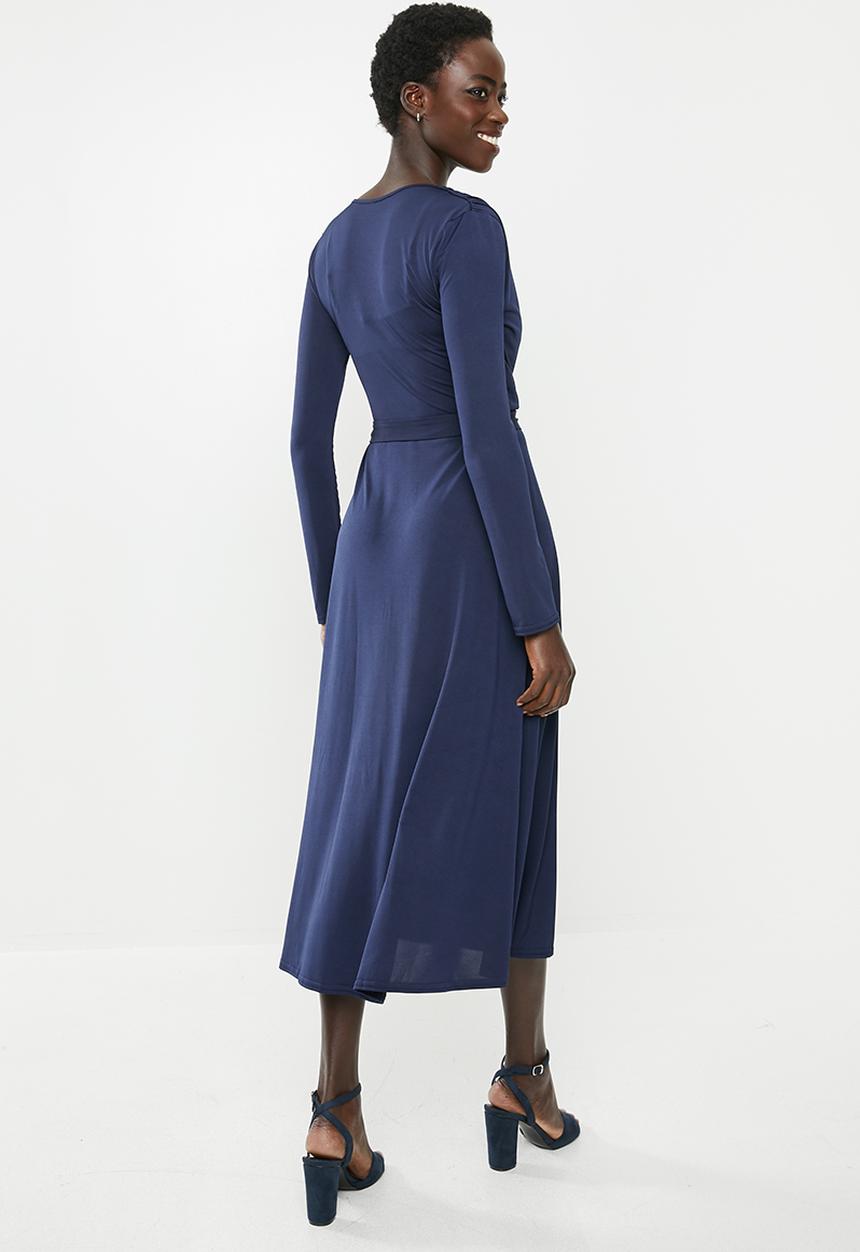 edit - Long sleeve bon bon wrap midi dress - navy