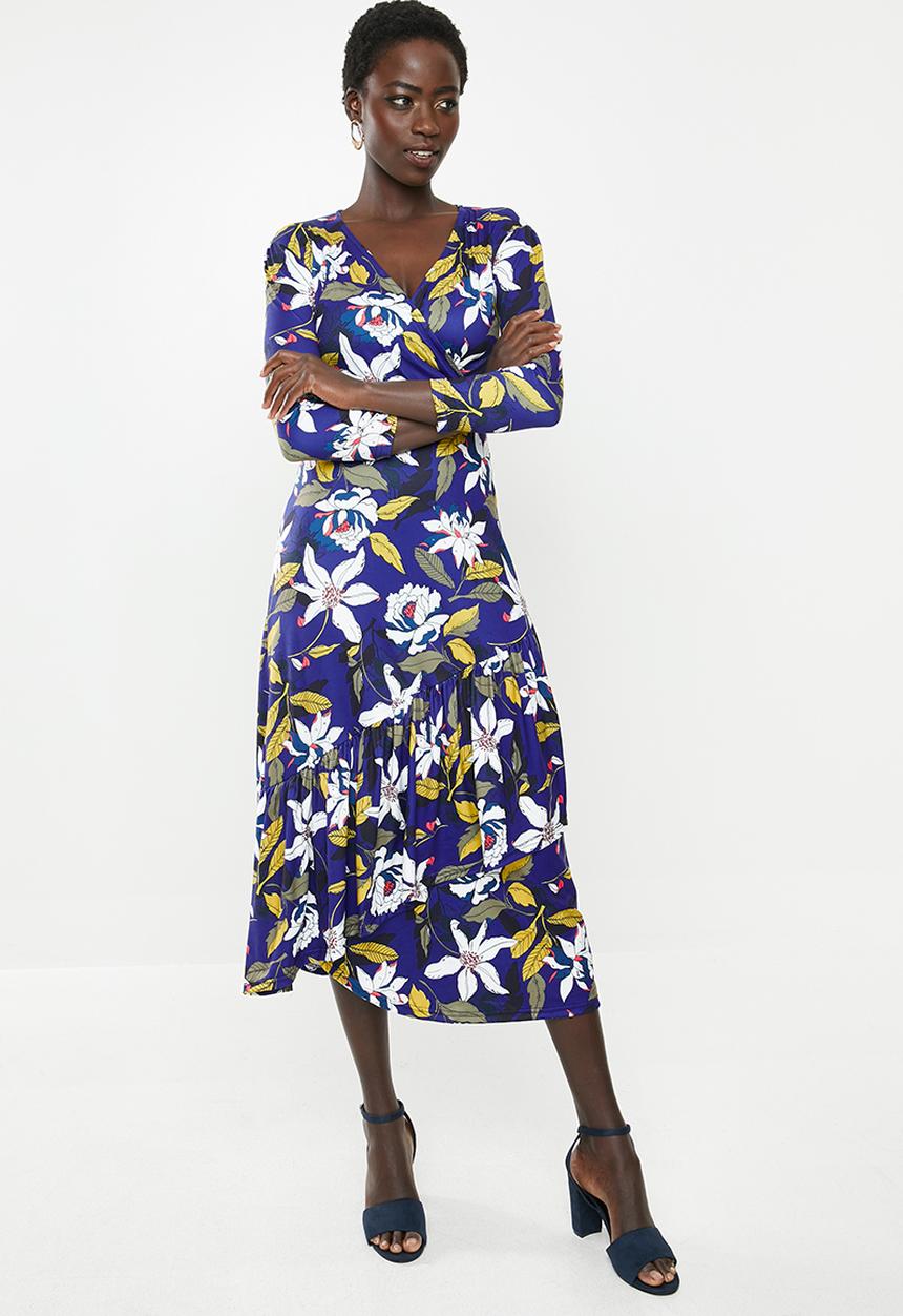 edit - Mock wrap tiered midi dress - multi