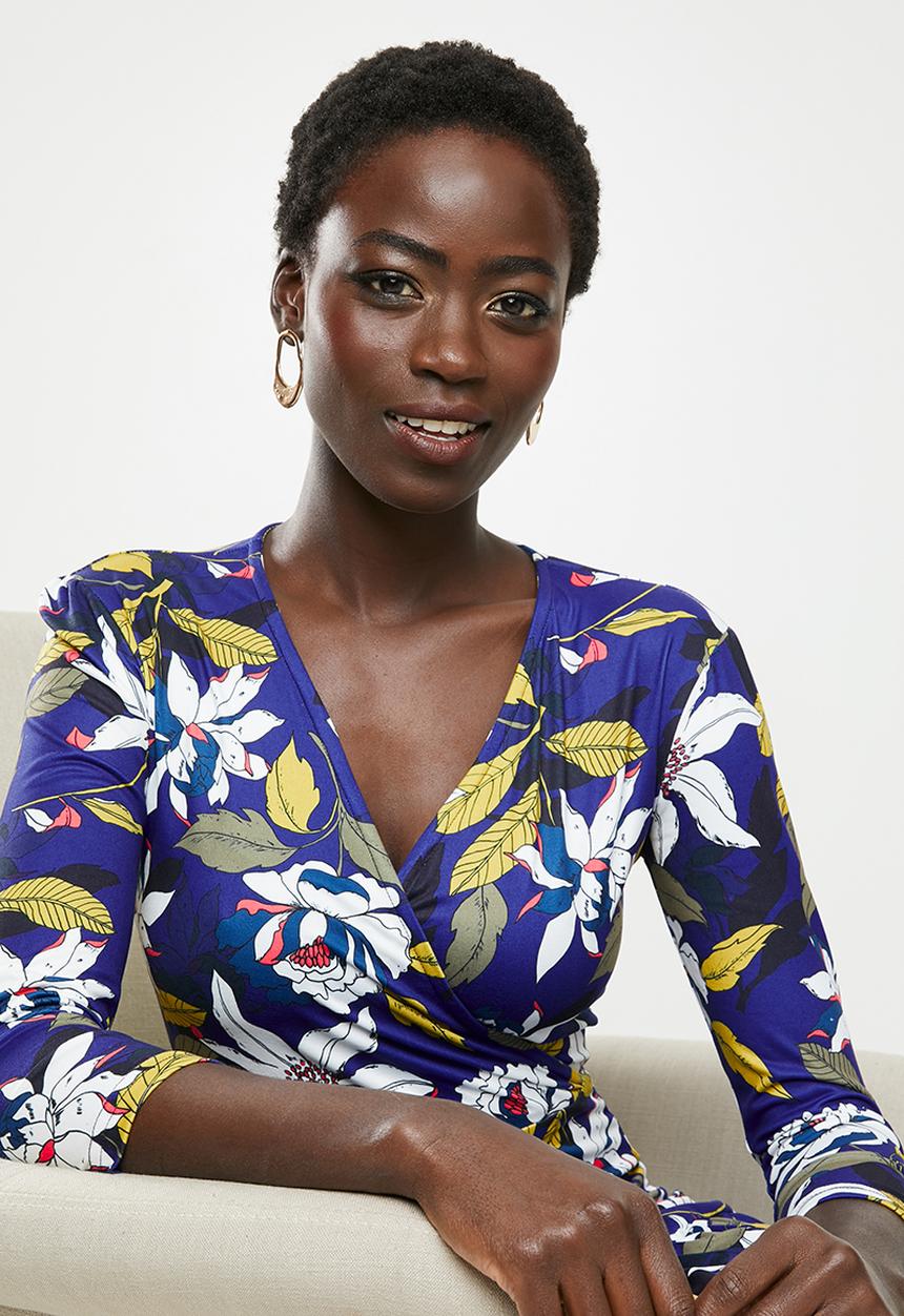 edit - Mock wrap tiered midi dress - multi