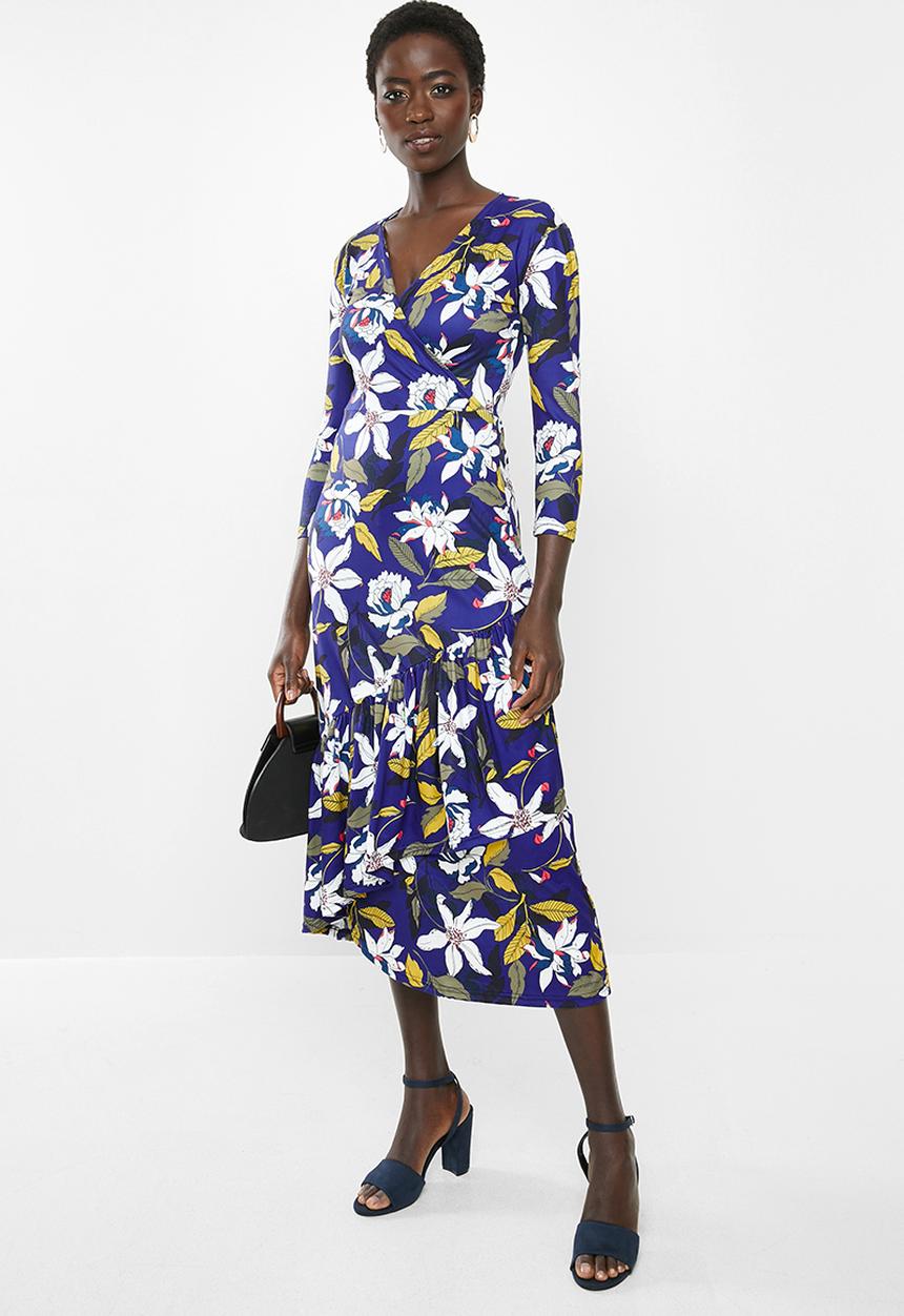 edit - Mock wrap tiered midi dress - multi