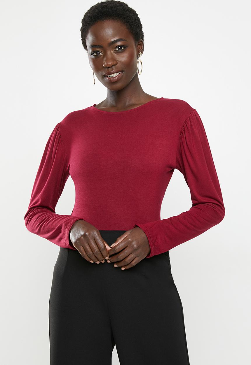 edit - Gauged sleeve knit top - burgundy