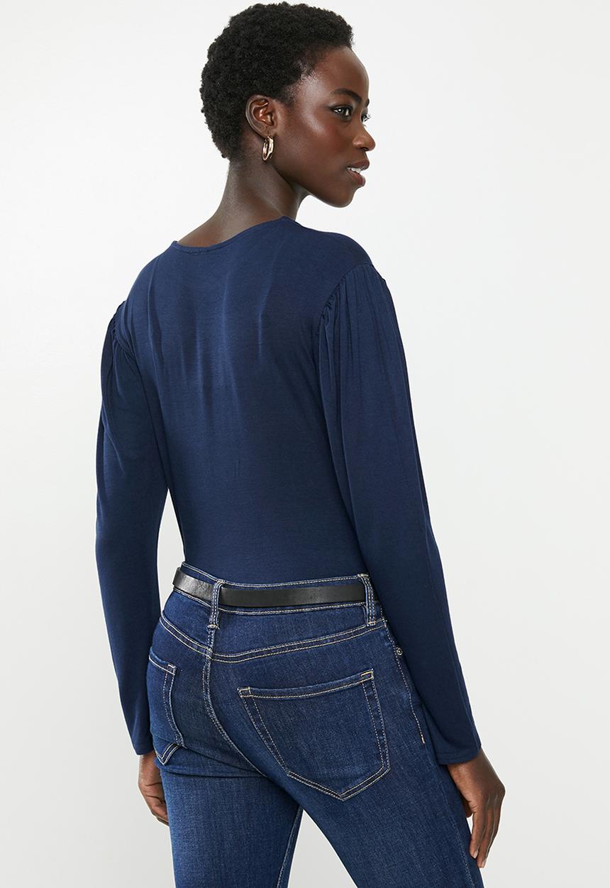 edit - Gauged sleeve knit top - navy 