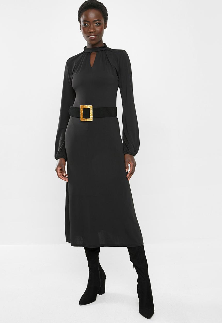 edit - Long balloon sleeve fit & flare dress - black