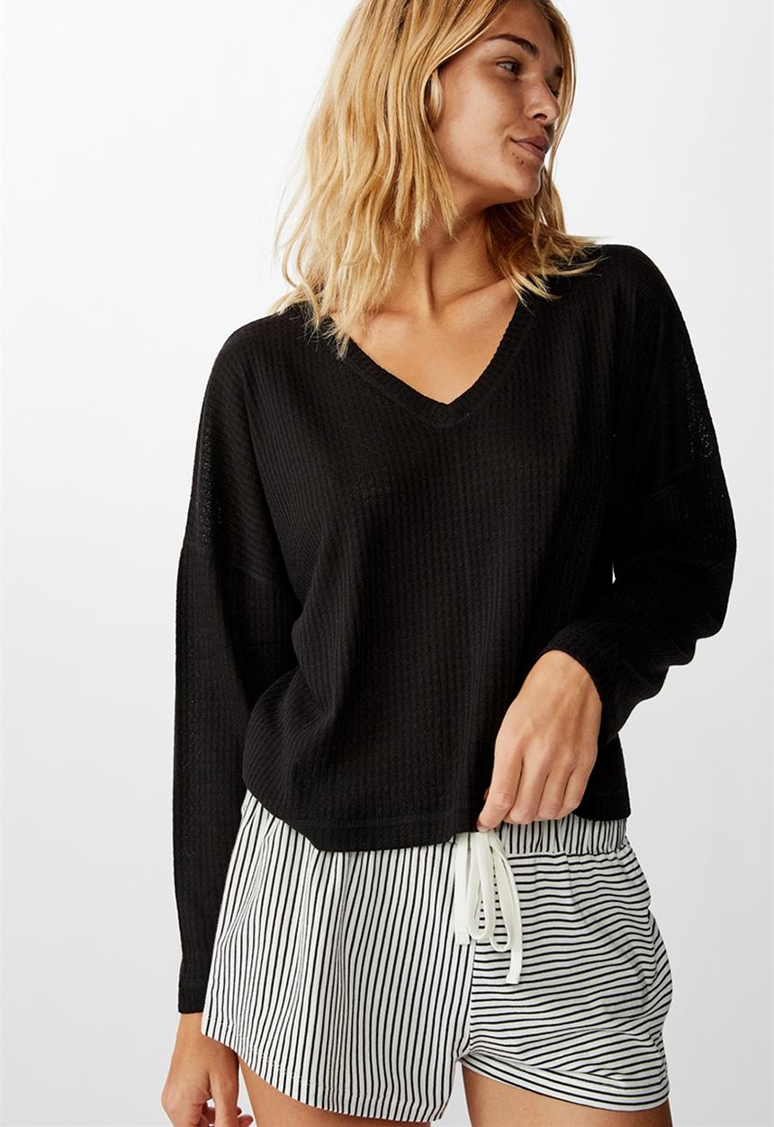 Cotton On - Soft waffle sleep top - black