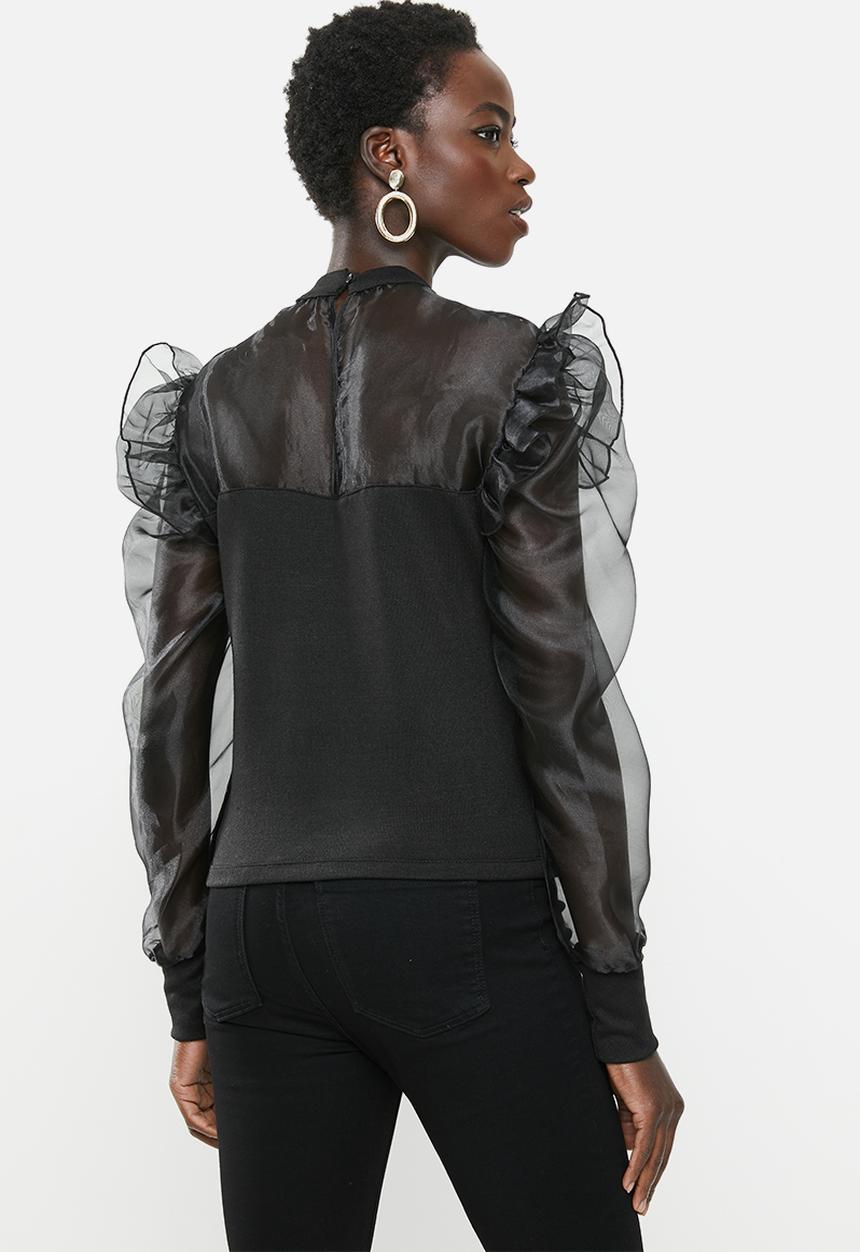 MILLA - Knit organza top - black