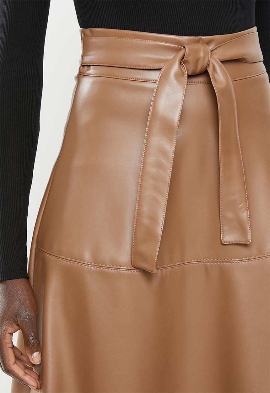 MILLA - Paneled pu circle skirt - tan