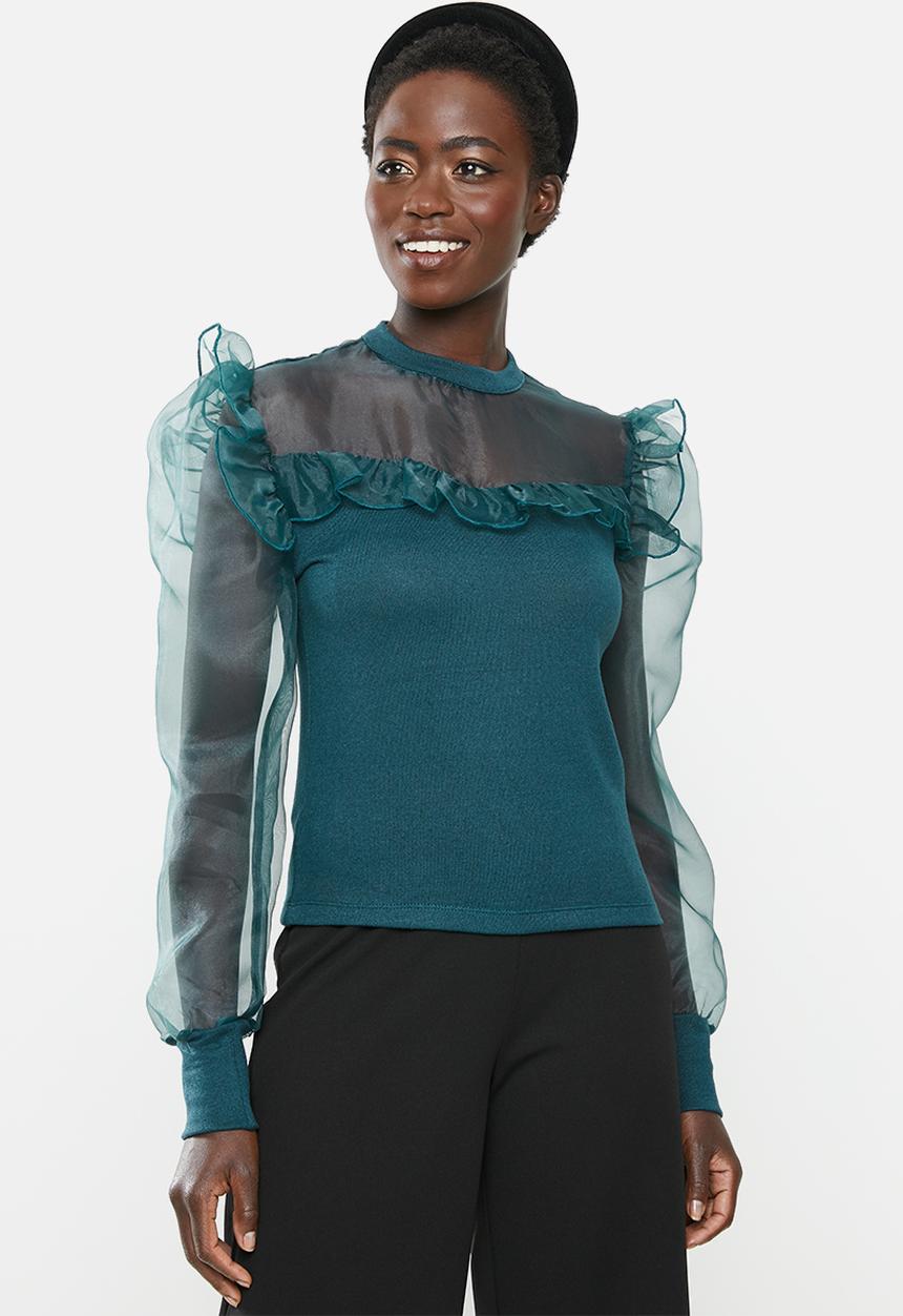 MILLA - Knit organza top - green