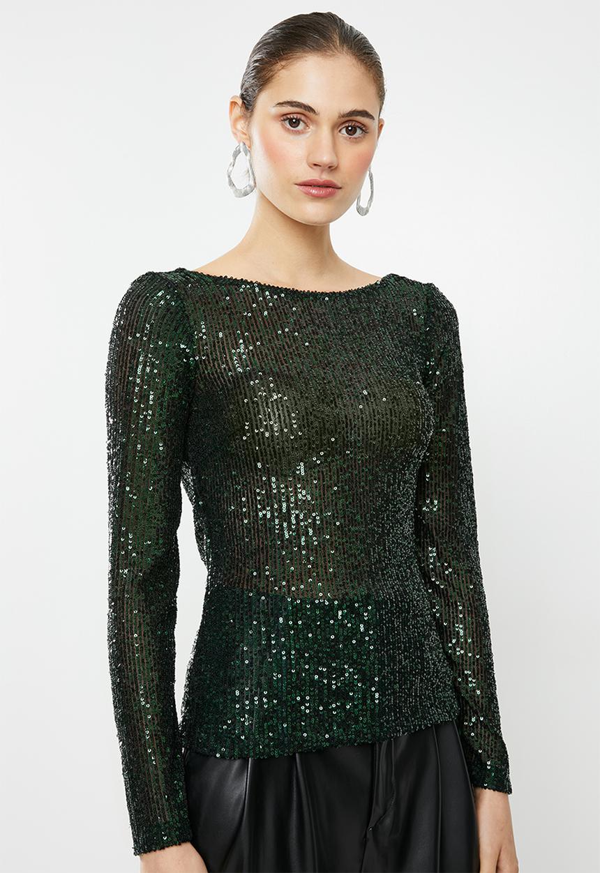 VELVET - Sequin cowl top - green