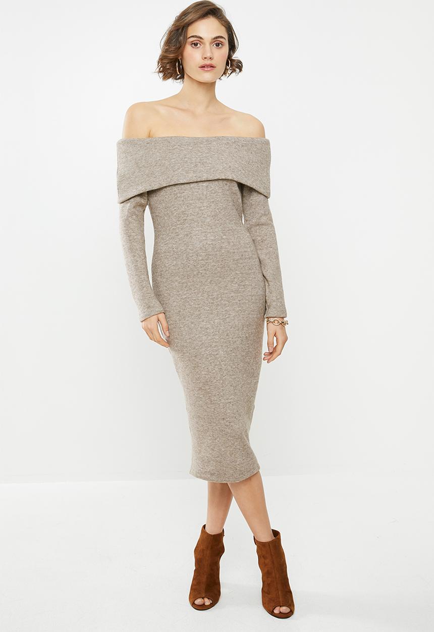 VELVET - Bardot knit dress - oat melange